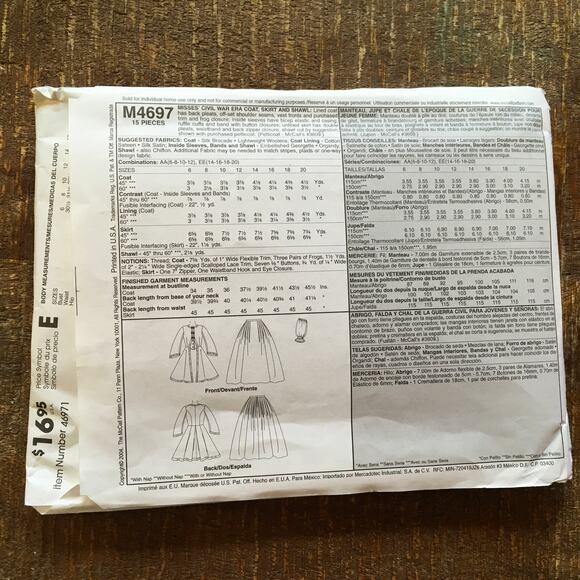 McCalls Sewing Pattern M4697 Costume Civil War Era Coat Skirt Shawl 6-12 UNCUT - Picture 2 of 2